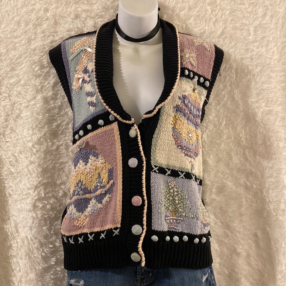 Kathie Lee Sz L Vintage Christmas Button Down Sweater Vest